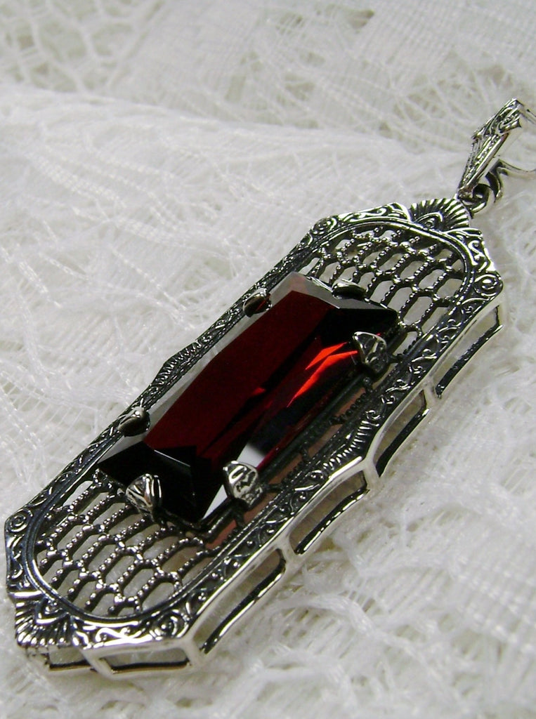 Red Garnet CZ Pendant, Art Deco Jewelry, Baguette gemstone, Sterling Silver Filigree, Silver Embrace Jewelry, P16