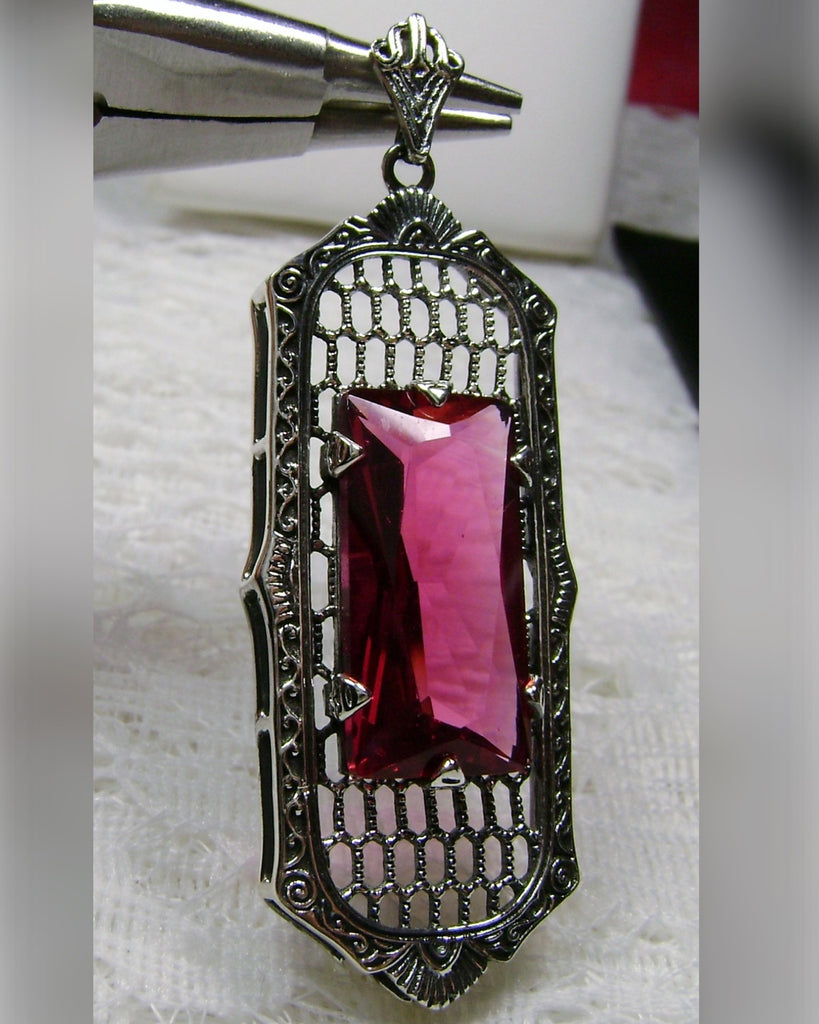 Red Ruby Pendant, Art Deco Jewelry, Baguette gemstone, Sterling Silver Filigree, Silver Embrace Jewelry, P16