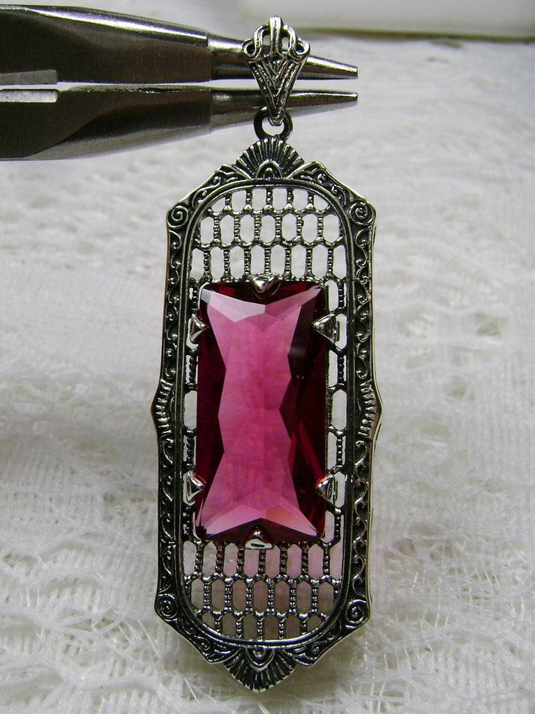 Red Ruby Pendant, Art Deco Jewelry, Baguette gemstone, Sterling Silver Filigree, Silver Embrace Jewelry, P16