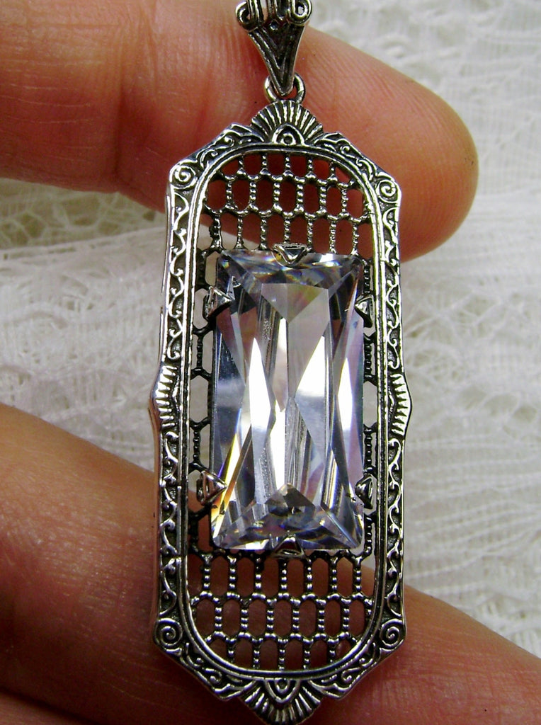 White Cubic Zirconia (CZ) Pendant, Art Deco Jewelry, Baguette gemstone, Sterling Silver Filigree, Silver Embrace Jewelry, P16
