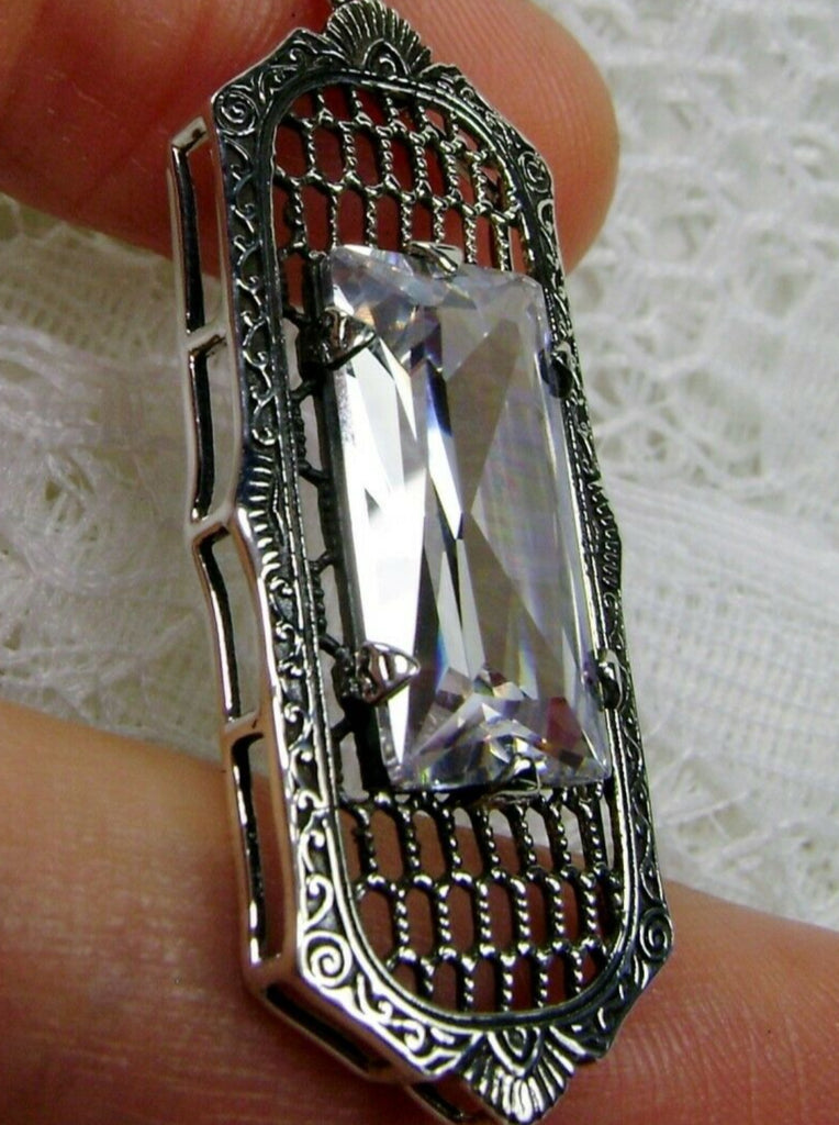 White Cubic Zirconia (CZ) Pendant, Art Deco Jewelry, Baguette gemstone, Sterling Silver Filigree, Silver Embrace Jewelry, P16