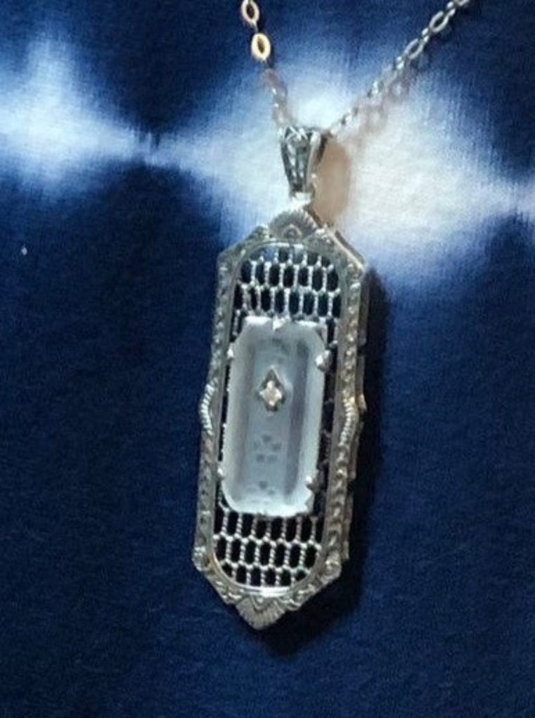 White Camphor Glass Pendant with inset gem, Art Deco Jewelry, Baguette design P16, Silver Embrace Jewelry