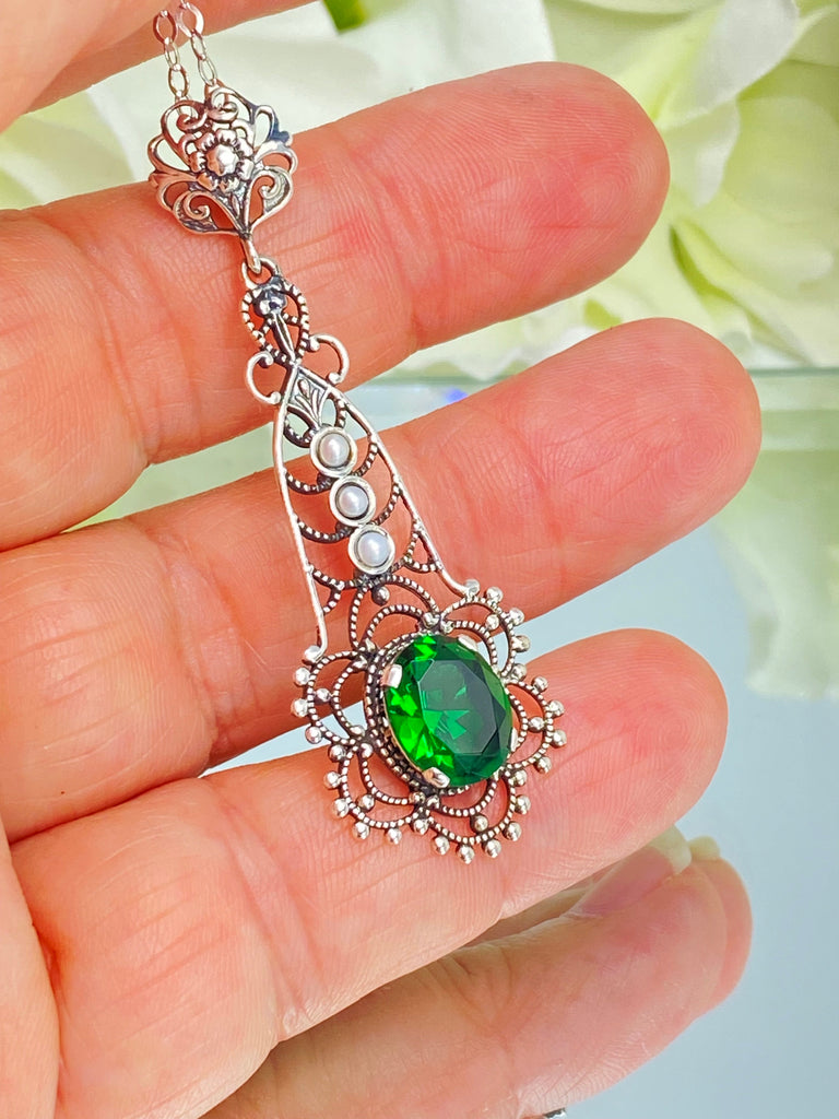 Green Emerald Pendant, Lavalier sterling silver filigree necklace, three seed pears and floral fine detail, P17, Silver Embrace Jewelry