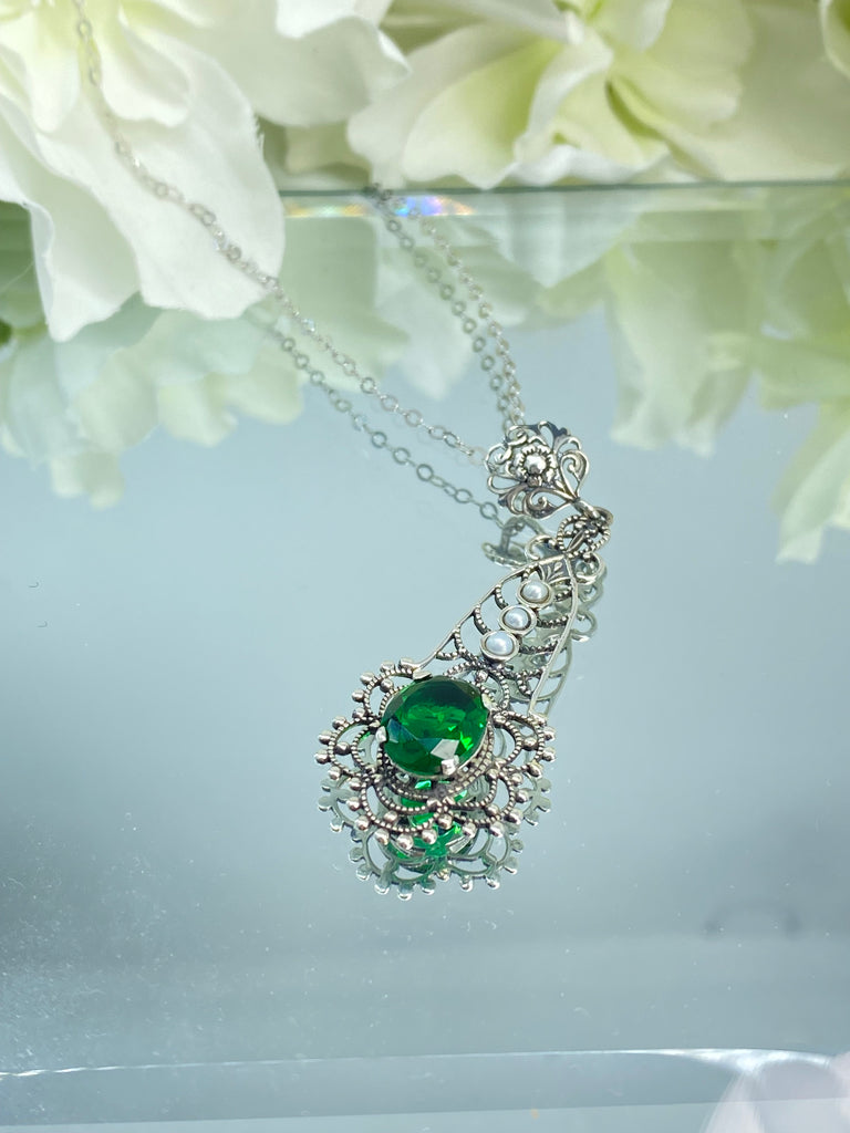 Green Emerald Pendant, Lavalier sterling silver filigree necklace, three seed pears and floral fine detail, P17, Silver Embrace Jewelry