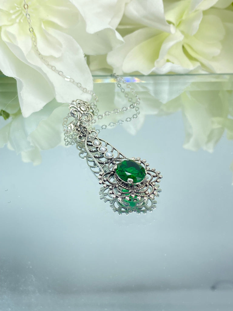 Green Emerald Pendant, Lavalier sterling silver filigree necklace, three seed pears and floral fine detail, P17, Silver Embrace Jewelry