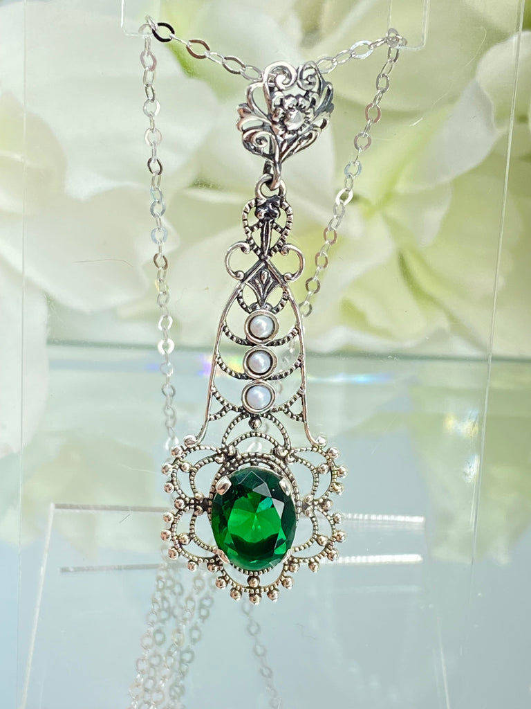 Green Emerald Pendant, Lavalier sterling silver filigree necklace, three seed pears and floral fine detail, P17, Silver Embrace Jewelry