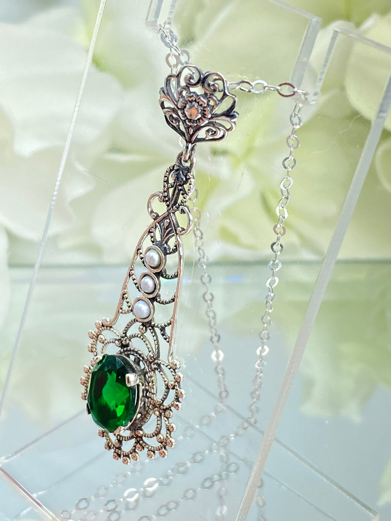 Green Emerald Pendant, Lavalier sterling silver filigree necklace, three seed pears and floral fine detail, P17, Silver Embrace Jewelry