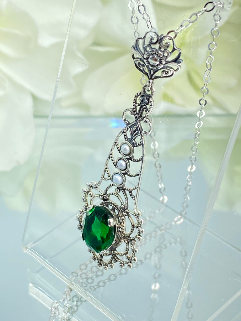 Green Emerald Pendant, Lavalier sterling silver filigree necklace, three seed pears and floral fine detail, P17, Silver Embrace Jewelry