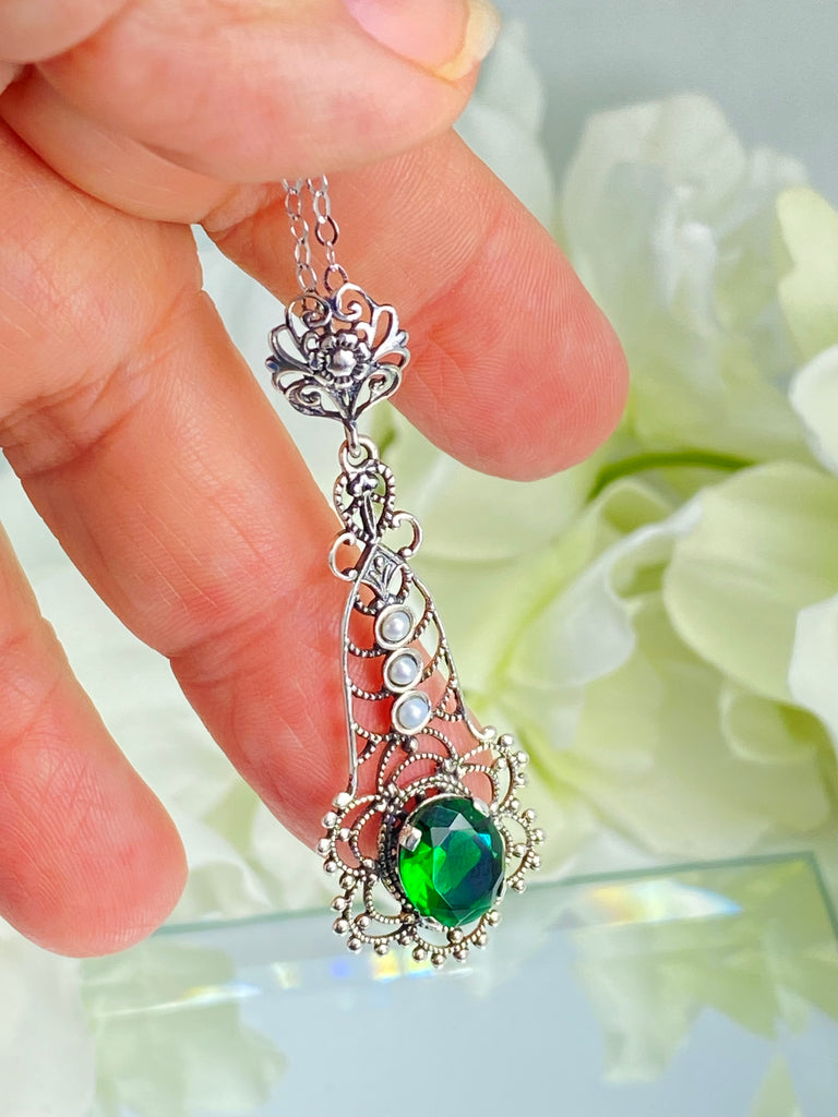 Green Emerald Pendant, Lavalier sterling silver filigree necklace, three seed pears and floral fine detail, P17, Silver Embrace Jewelry