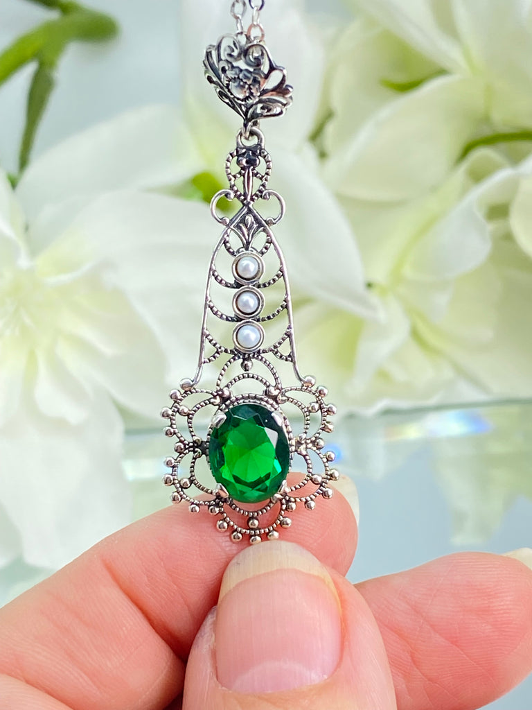 Green Emerald Pendant, Lavalier sterling silver filigree necklace, three seed pears and floral fine detail, P17, Silver Embrace Jewelry