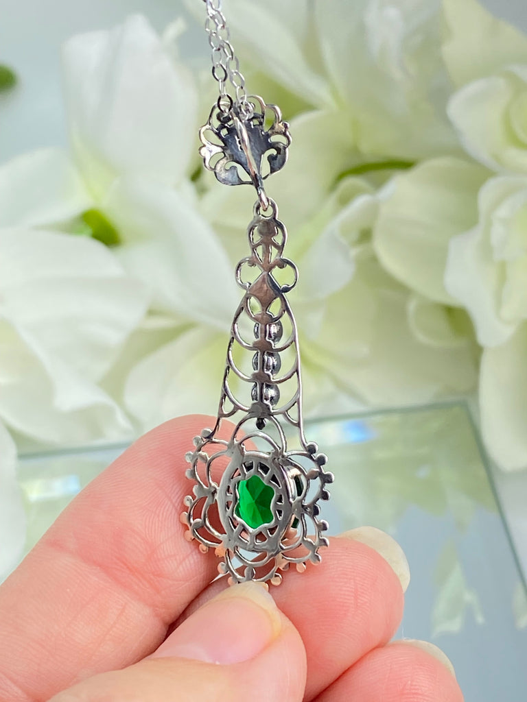 Green Emerald Pendant, Lavalier sterling silver filigree necklace, three seed pears and floral fine detail, P17, Silver Embrace Jewelry