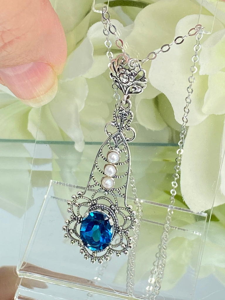 Natural London Blue Pendant with triple seed pearl accents, Lavalier style, Victorian Filigree, Pendant style necklace, P17, Silver Embrace Jewelry