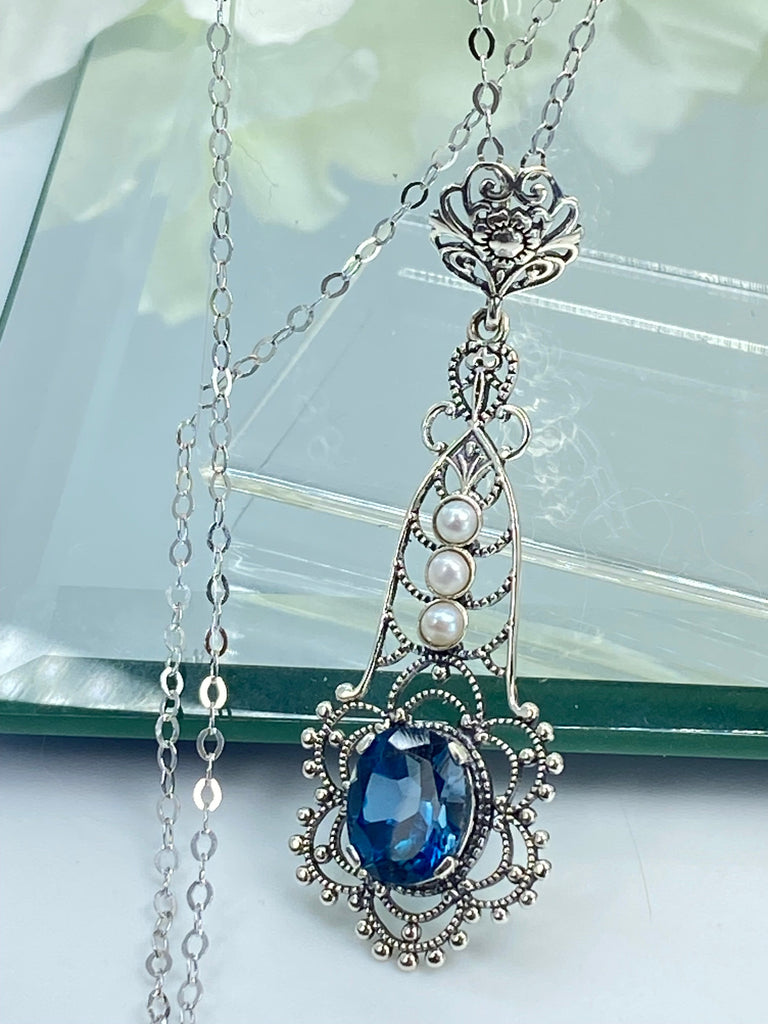 Natural London Blue Pendant with triple seed pearl accents, Lavalier style, Victorian Filigree, Pendant style necklace, P17, Silver Embrace Jewelry