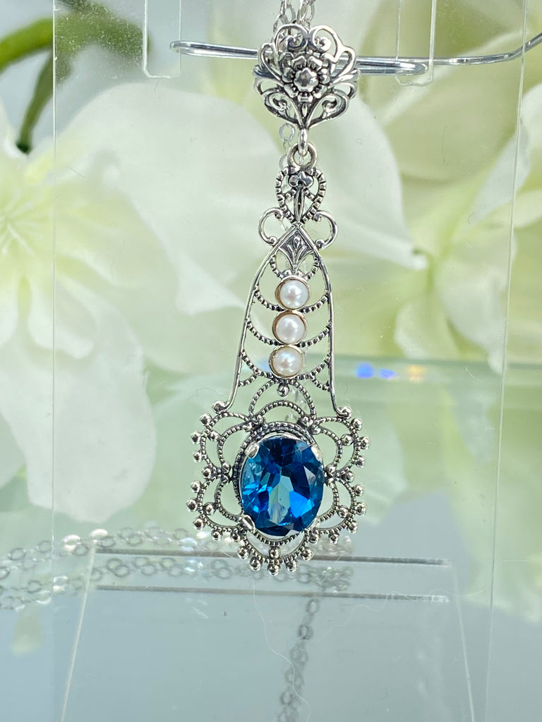 Natural London Blue Pendant with triple seed pearl accents, Lavalier style, Victorian Filigree, Pendant style necklace, P17, Silver Embrace Jewelry