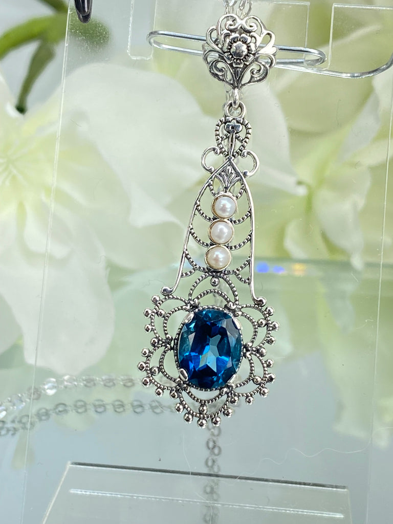 Natural London Blue Pendant with triple seed pearl accents, Lavalier style, Victorian Filigree, Pendant style necklace, P17, Silver Embrace Jewelry