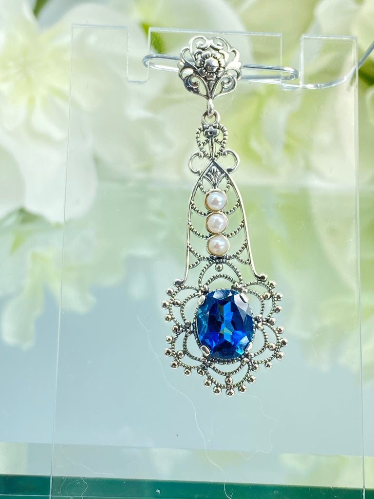 Natural London Blue Pendant with triple seed pearl accents, Lavalier style, Victorian Filigree, Pendant style necklace, P17, Silver Embrace Jewelry