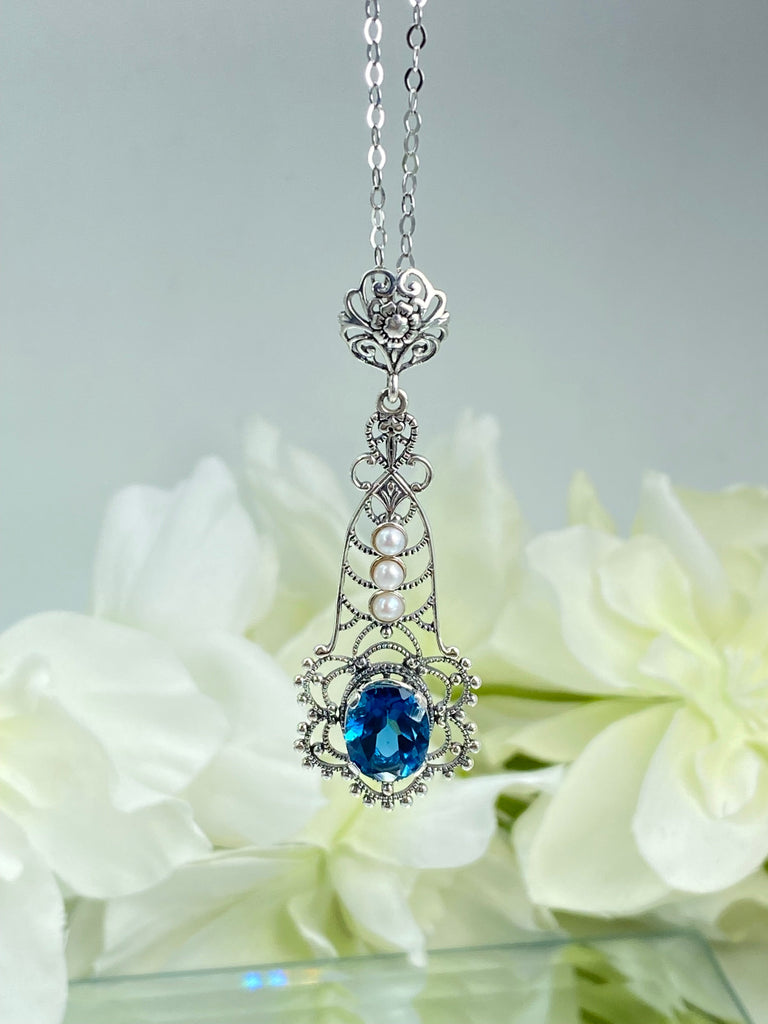 Natural London Blue Pendant with triple seed pearl accents, Lavalier style, Victorian Filigree, Pendant style necklace, P17, Silver Embrace Jewelry