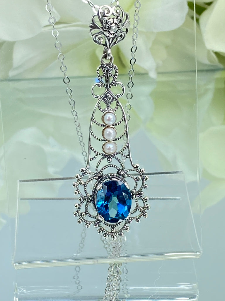 Natural London Blue Pendant with triple seed pearl accents, Lavalier style, Victorian Filigree, Pendant style necklace, P17, Silver Embrace Jewelry