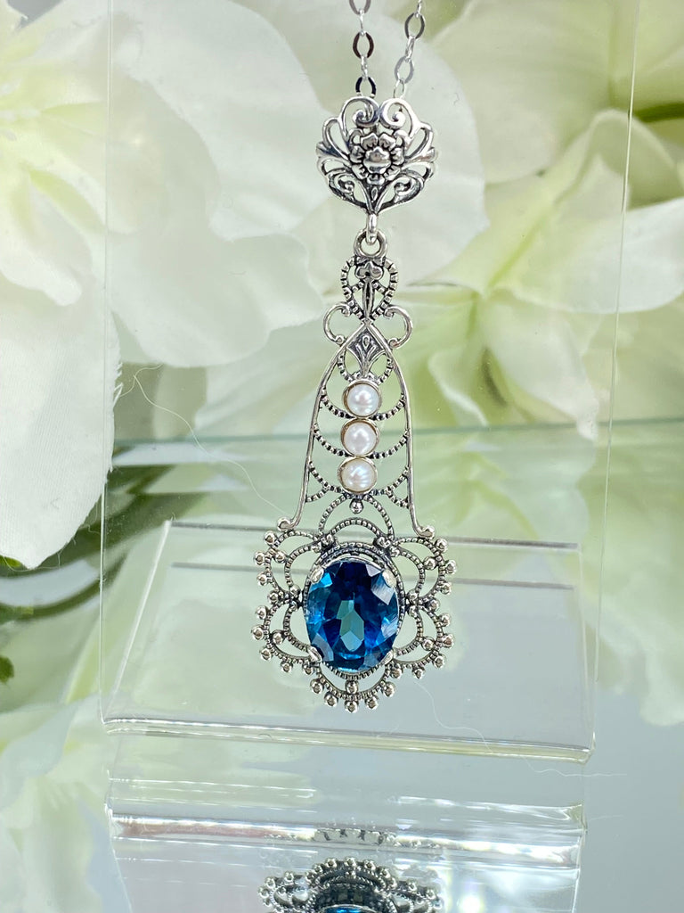 Natural London Blue Pendant with triple seed pearl accents, Lavalier style, Victorian Filigree, Pendant style necklace, P17, Silver Embrace Jewelry