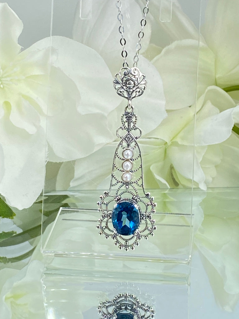 Natural London Blue Pendant with triple seed pearl accents, Lavalier style, Victorian Filigree, Pendant style necklace, P17, Silver Embrace Jewelry