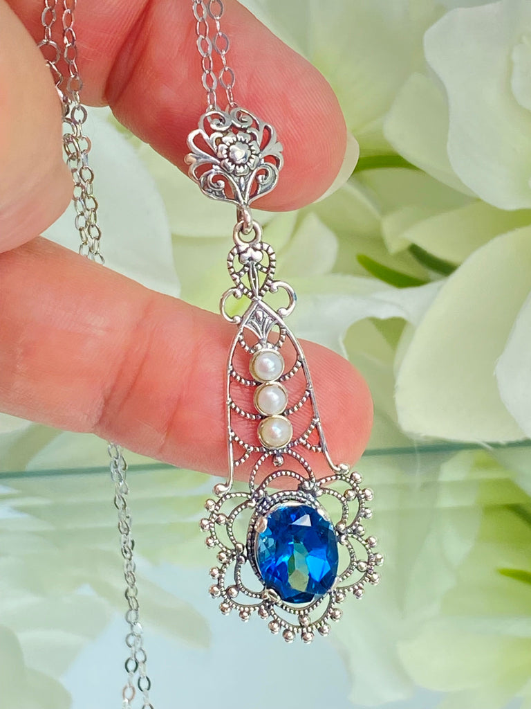 Natural London Blue Pendant with triple seed pearl accents, Lavalier style, Victorian Filigree, Pendant style necklace, P17, Silver Embrace Jewelry