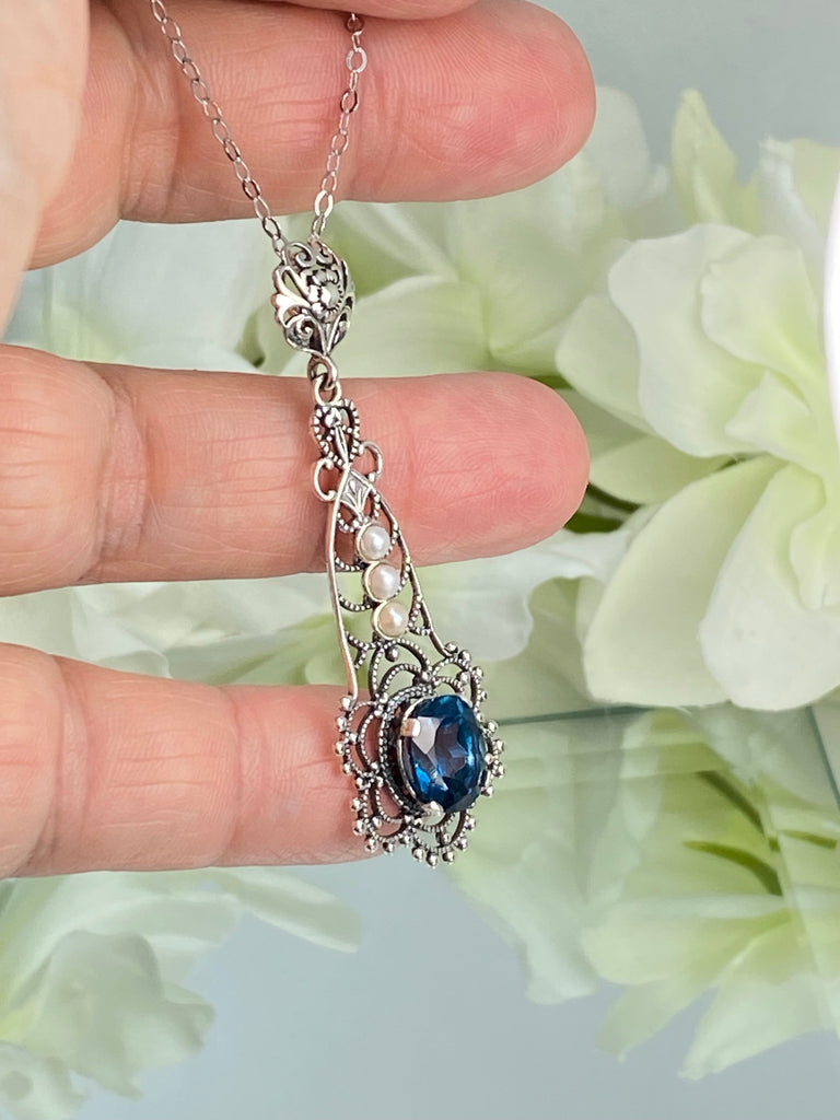 Natural London Blue Pendant with triple seed pearl accents, Lavalier style, Victorian Filigree, Pendant style necklace, P17, Silver Embrace Jewelry