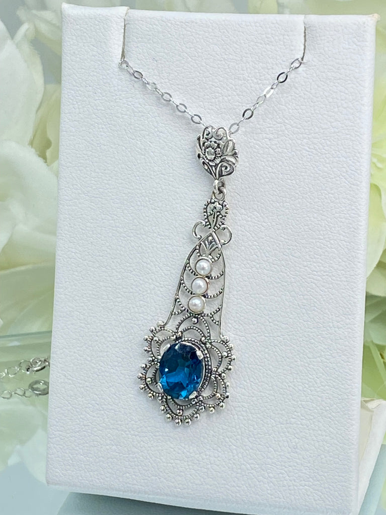 Natural London Blue Pendant with triple seed pearl accents, Lavalier style, Victorian Filigree, Pendant style necklace, P17, Silver Embrace Jewelry