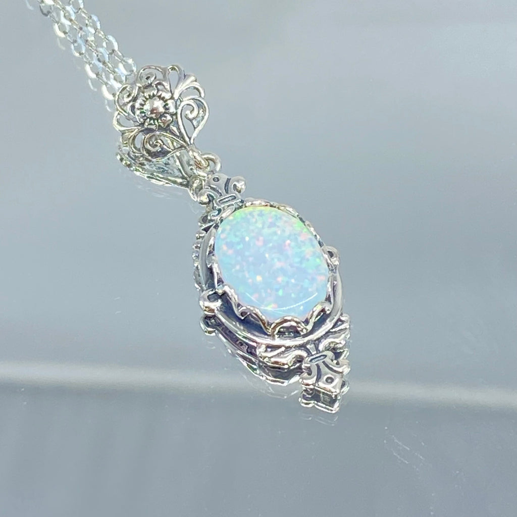 Opal Pendant Necklace, Simulated Gem, antique Victorian Filigree, Pin design, Sterling silver Jewelry, Silver Embrace Jewelry P18