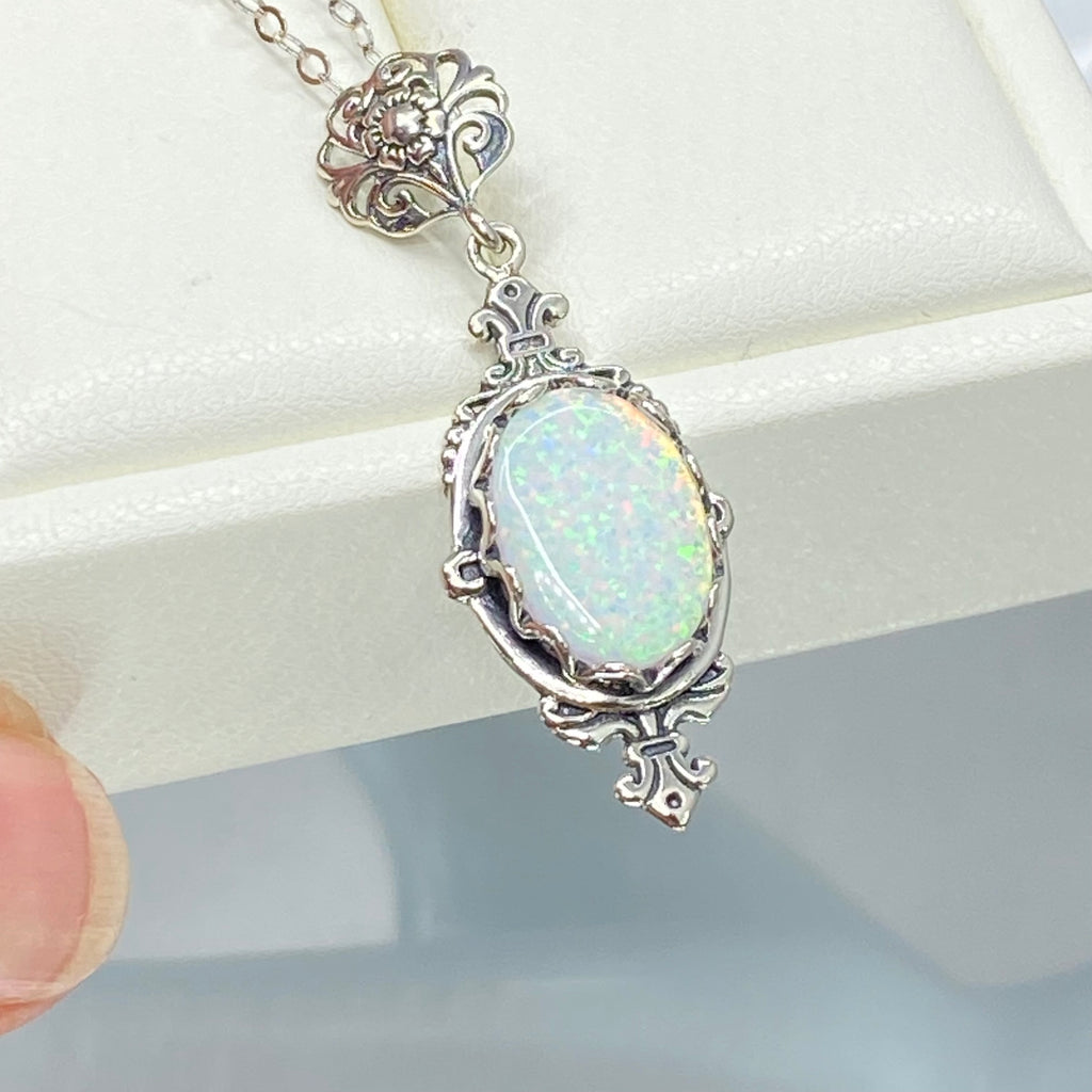 Opal Pendant Necklace, Simulated Gem, antique Victorian Filigree, Pin design, Sterling silver Jewelry, Silver Embrace Jewelry P18