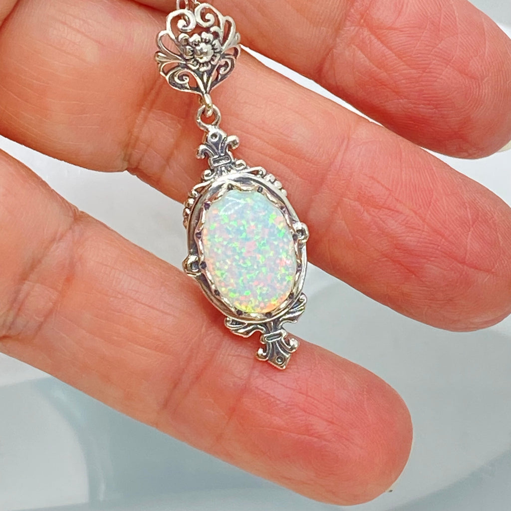 Opal Pendant Necklace, Simulated Gem, antique Victorian Filigree, Pin design, Sterling silver Jewelry, Silver Embrace Jewelry P18