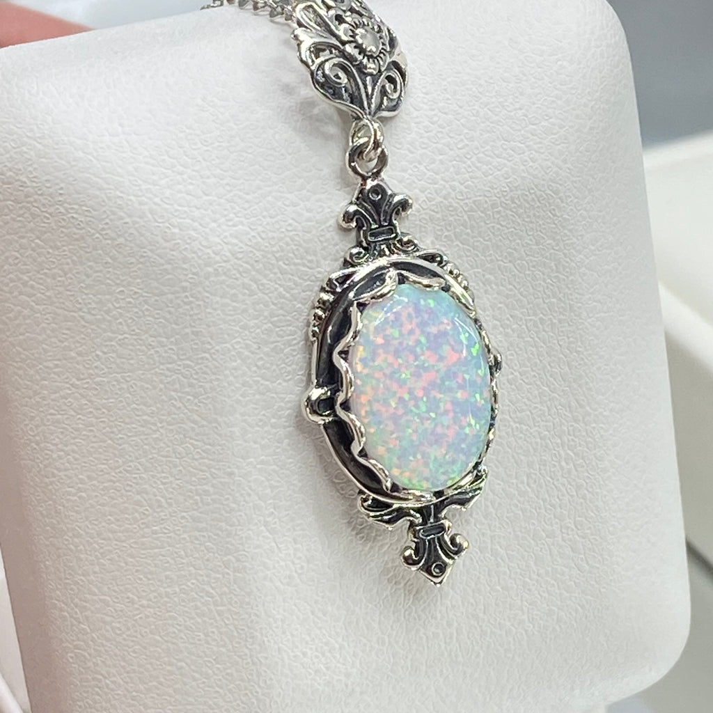 Opal Pendant Necklace, Simulated Gem, antique Victorian Filigree, Pin design, Sterling silver Jewelry, Silver Embrace Jewelry P18