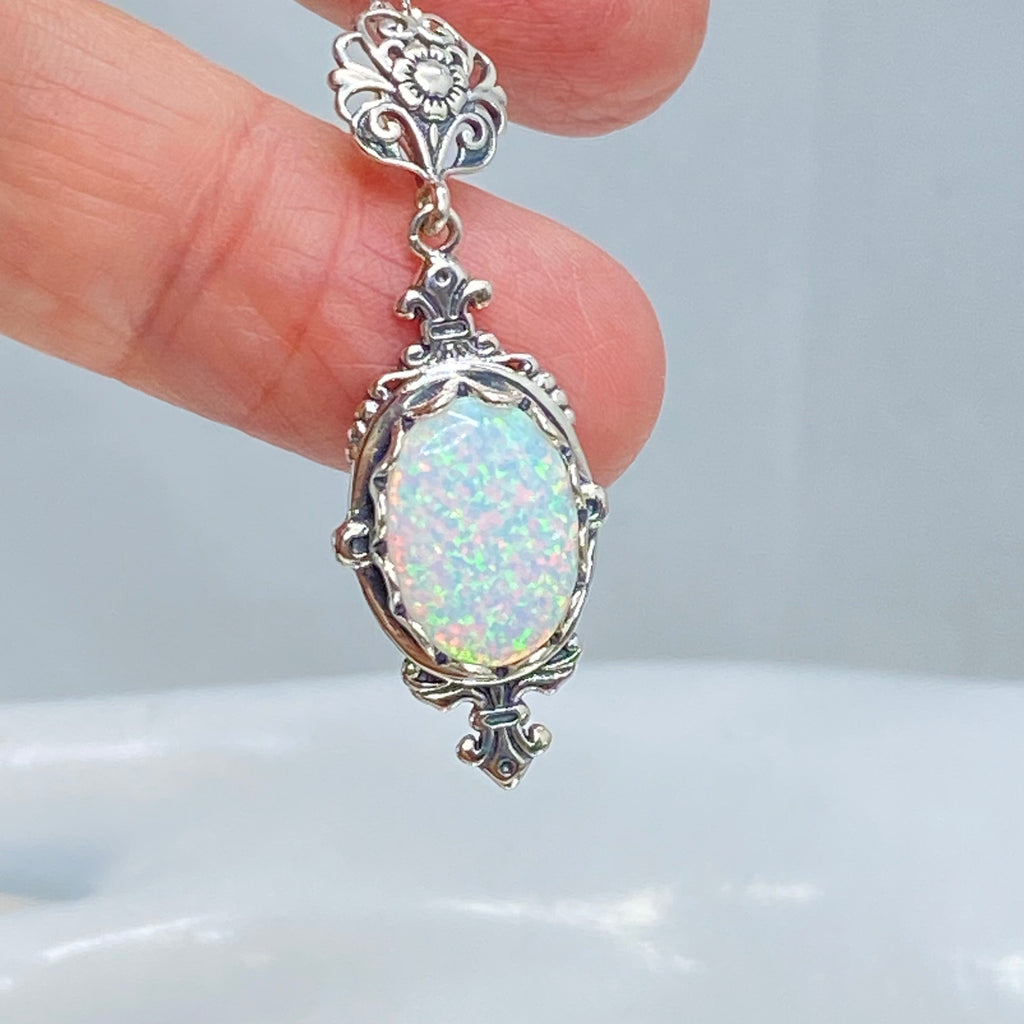 Opal Pendant Necklace, Simulated Gem, antique Victorian Filigree, Pin design, Sterling silver Jewelry, Silver Embrace Jewelry P18