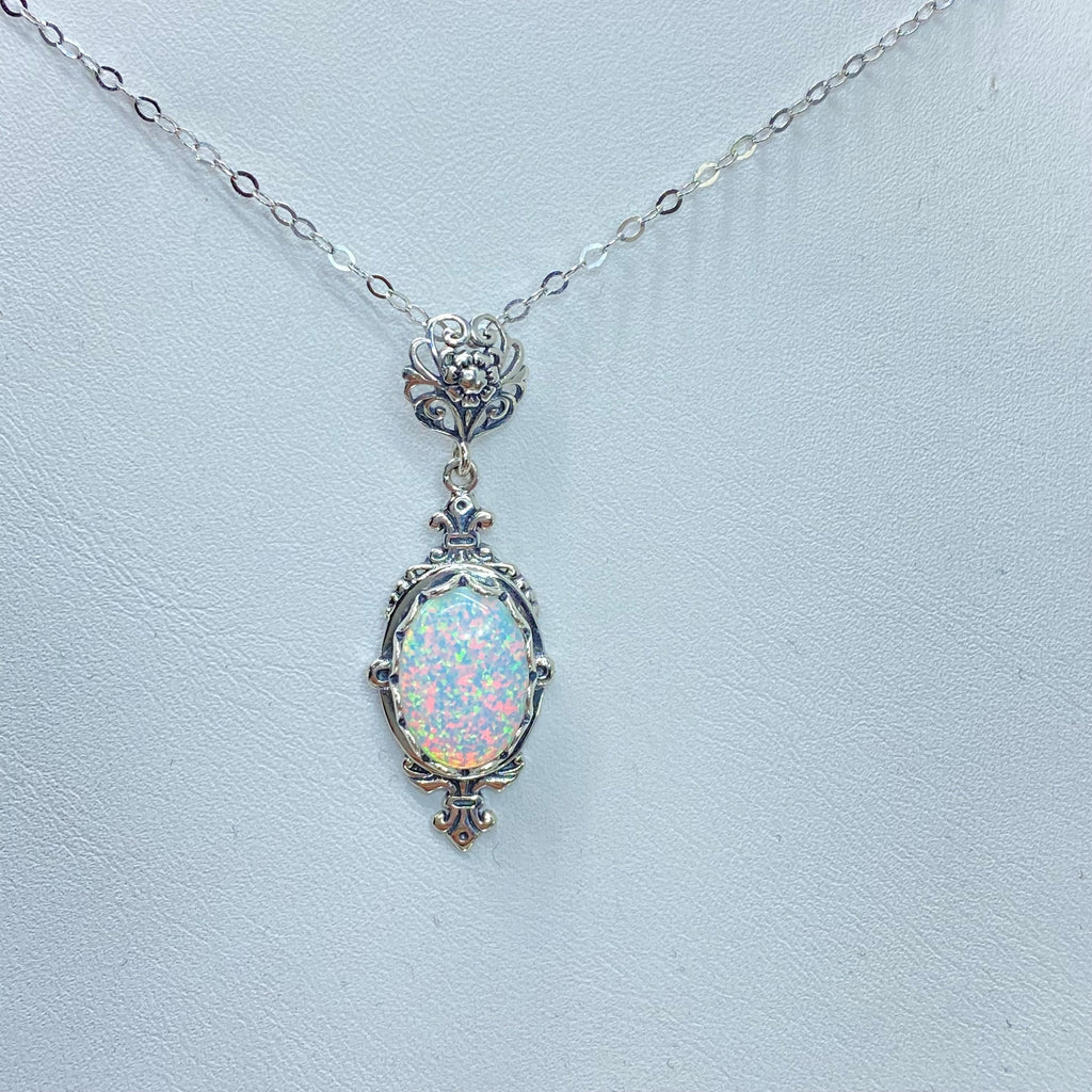 Opal Pendant Necklace, Simulated Gem, antique Victorian Filigree, Pin design, Sterling silver Jewelry, Silver Embrace Jewelry P18