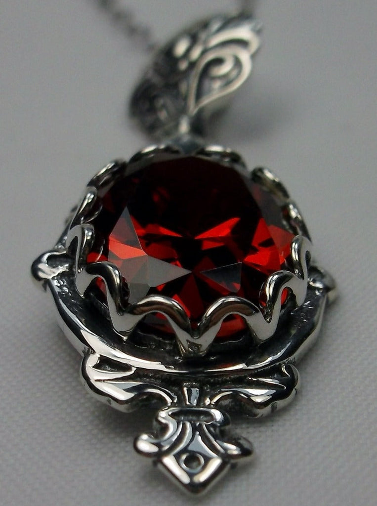 Ruby Red Pendant, Fleur de Lis filigree detail, oval gemstone, sterling silver vintage jewelry, Silver Embrace Jewelry, Pin Design#P18