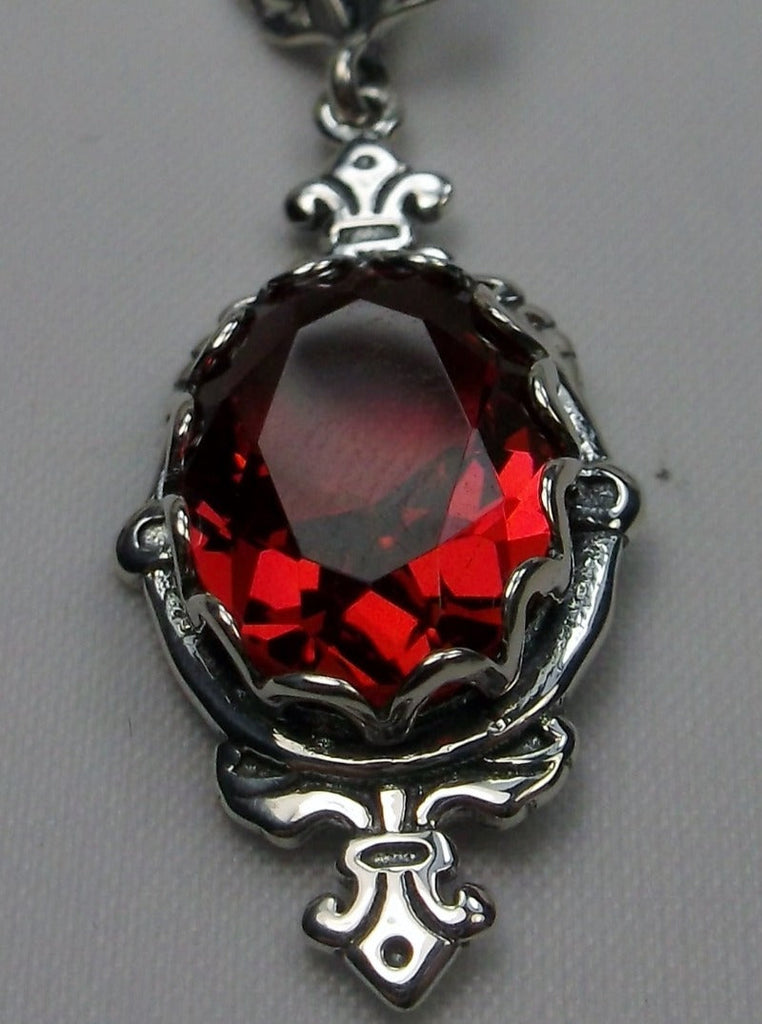 Ruby Red Pendant, Fleur de Lis filigree detail, oval gemstone, sterling silver vintage jewelry, Silver Embrace Jewelry, Pin Design#P18