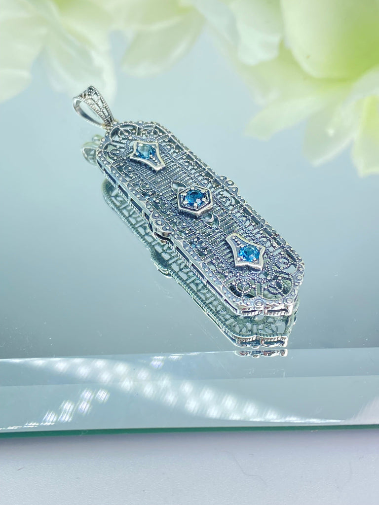 natural blue topaz pendant, 3 gems, edwardian sterling silver filigree, 3 Kings, P197, Silver Embrace Jewelry