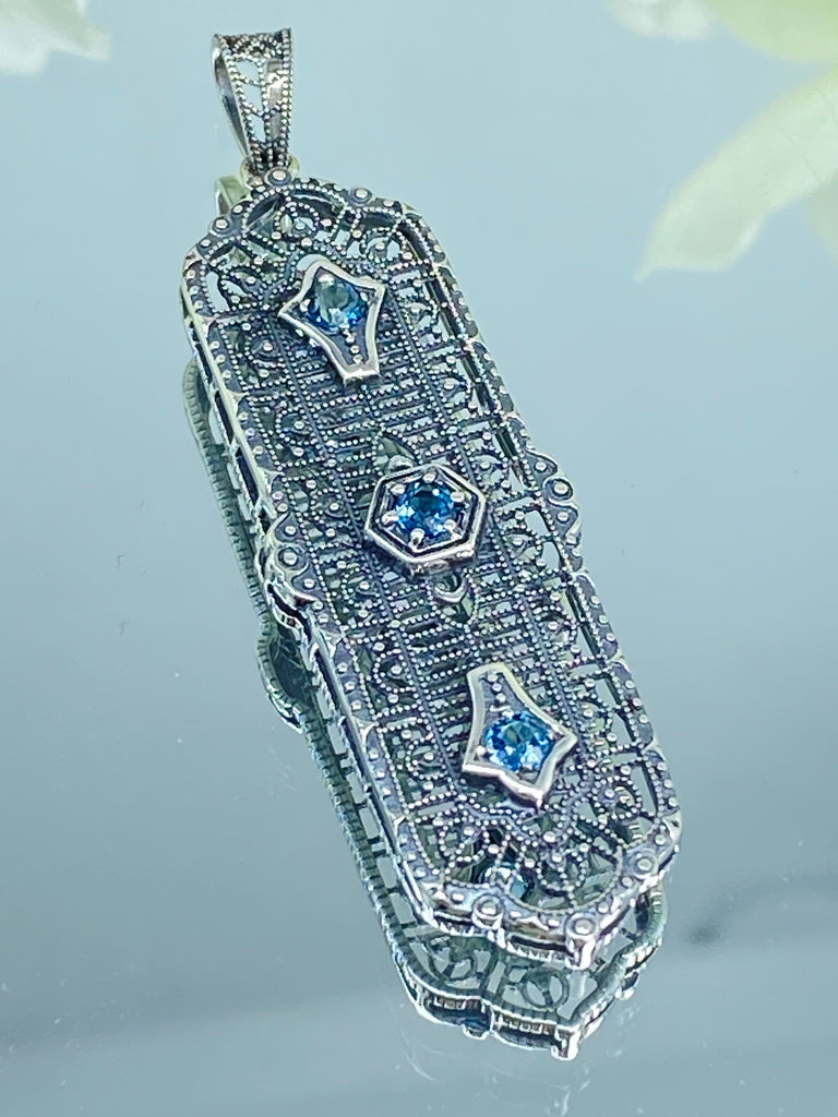 natural blue topaz pendant, 3 gems, edwardian sterling silver filigree, 3 Kings, P197, Silver Embrace Jewelry