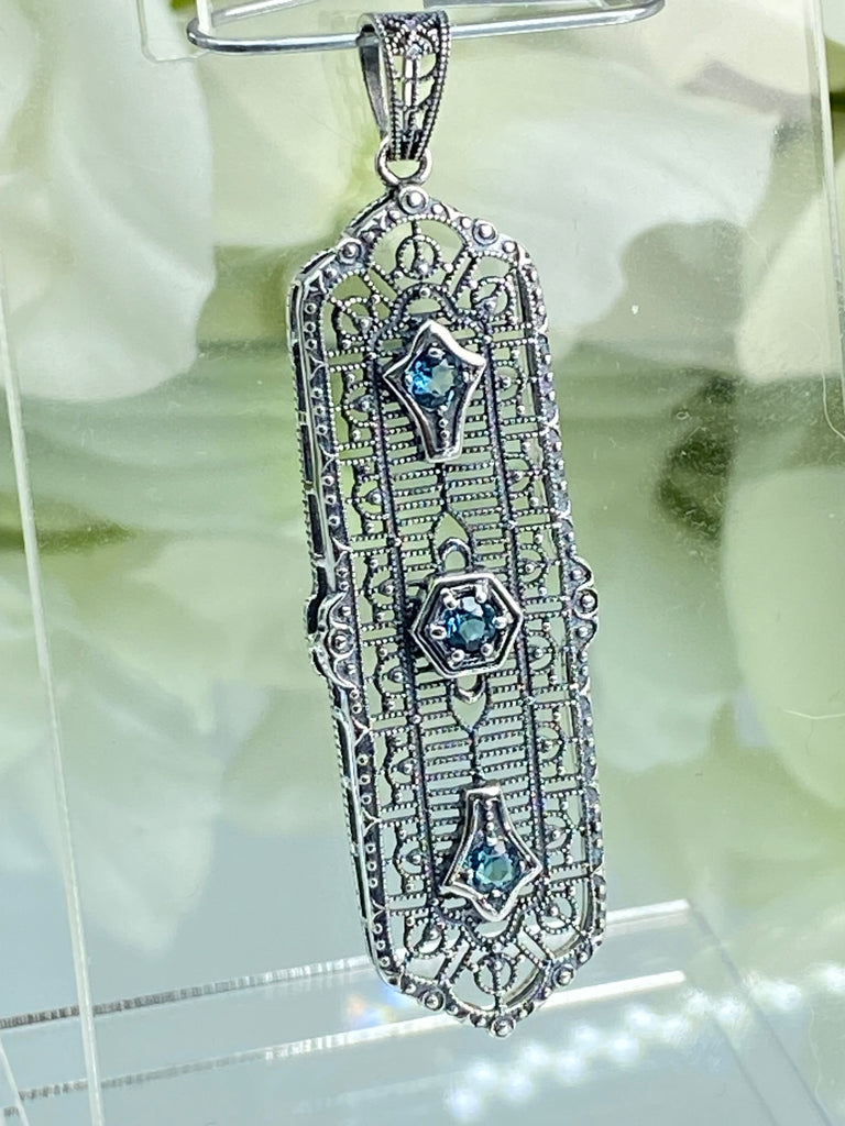 natural blue topaz pendant, 3 gems, edwardian sterling silver filigree, 3 Kings, P197, Silver Embrace Jewelry