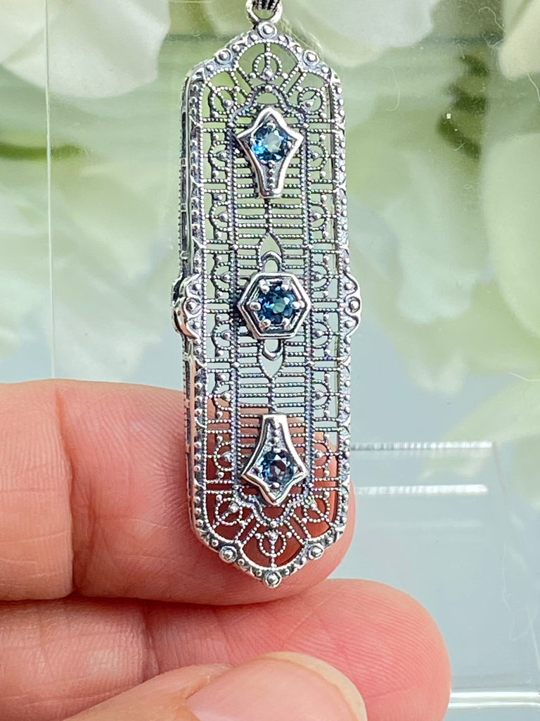 natural blue topaz pendant, 3 gems, edwardian sterling silver filigree, 3 Kings, P197, Silver Embrace Jewelry