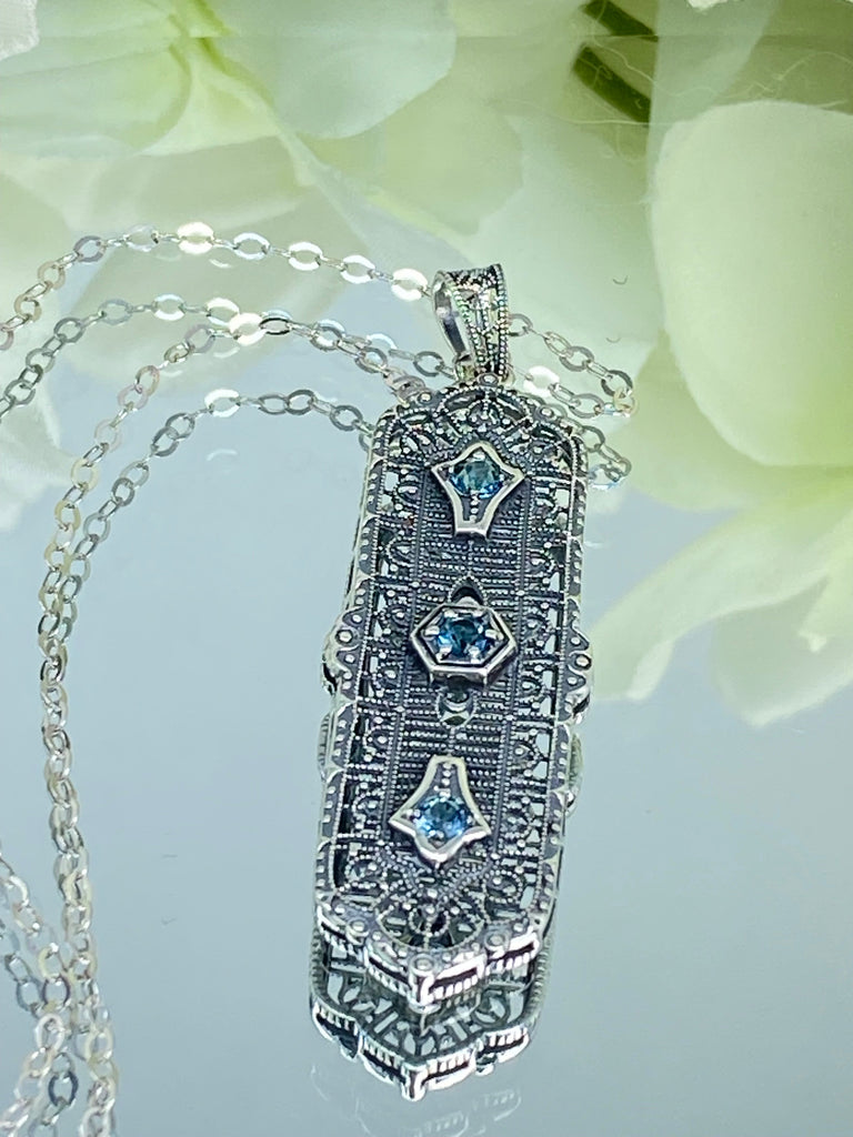 natural blue topaz pendant, 3 gems, edwardian sterling silver filigree, 3 Kings, P197, Silver Embrace Jewelry