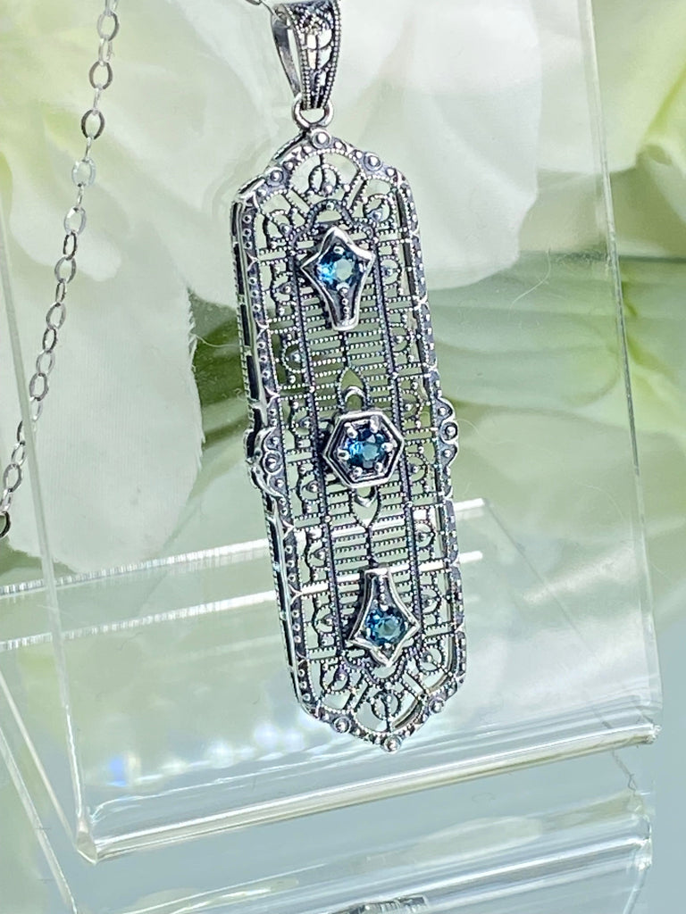 natural blue topaz pendant, 3 gems, edwardian sterling silver filigree, 3 Kings, P197, Silver Embrace Jewelry