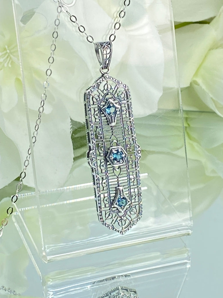 natural blue topaz pendant, 3 gems, edwardian sterling silver filigree, 3 Kings, P197, Silver Embrace Jewelry