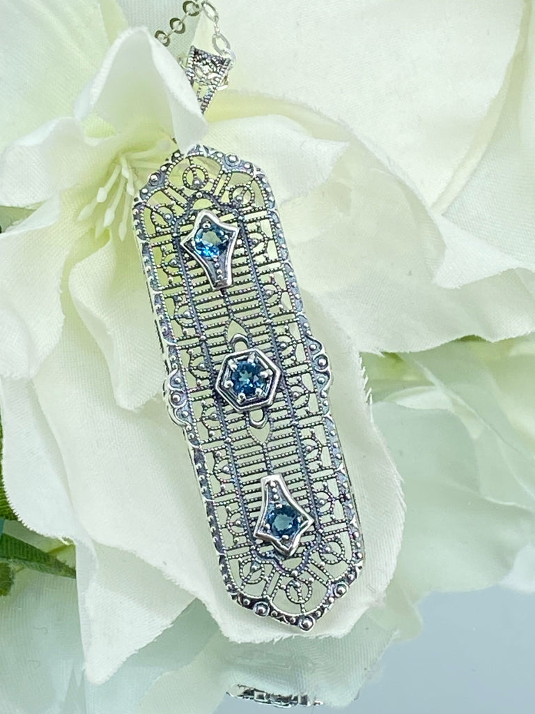 natural blue topaz pendant, 3 gems, edwardian sterling silver filigree, 3 Kings, P197, Silver Embrace Jewelry