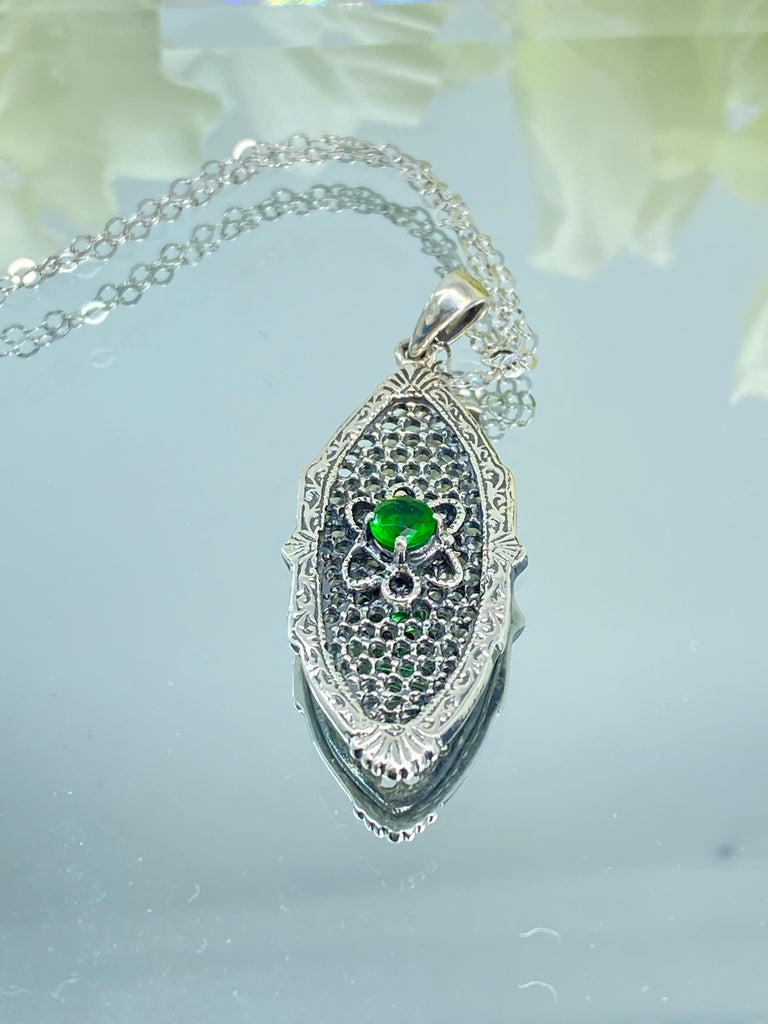 Green Emerald Flower Star Pendant, Sterling Silver Filigree, Round Gemstone, Vintage Jewelry, Silver Embrace Jewelry, P20