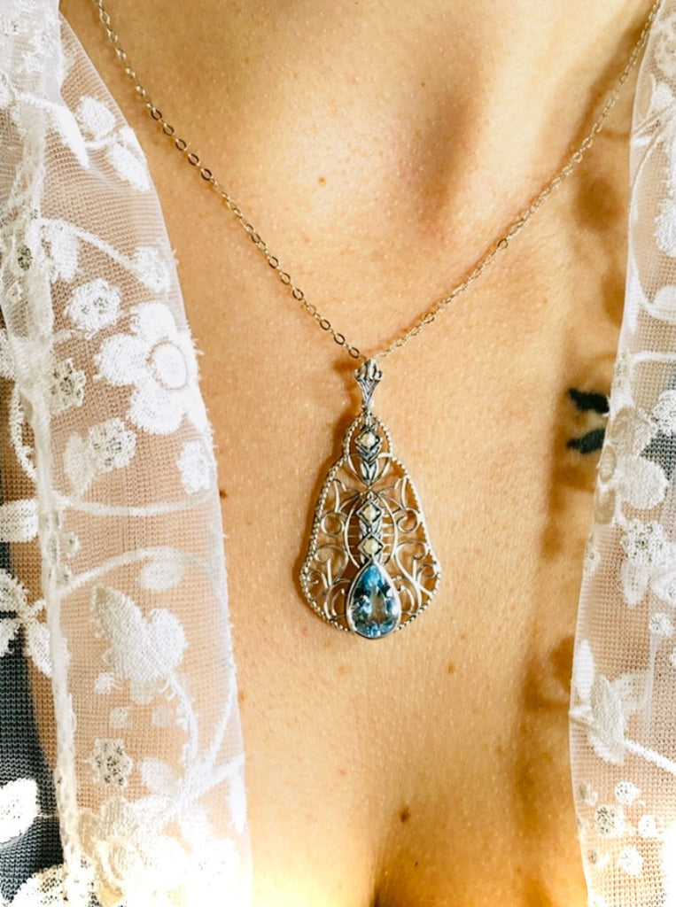Natural Blue Topaz Pendant, Belle Necklace, sterling silver filigree, teardrop gemstone, victorian jewelry, Silver Embrace Jewelry P22