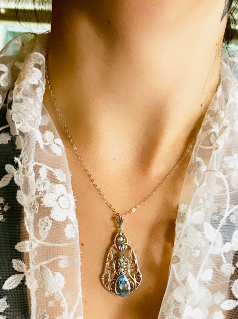 Natural Blue Topaz Pendant, Belle Necklace, sterling silver filigree, teardrop gemstone, victorian jewelry, Silver Embrace Jewelry P22