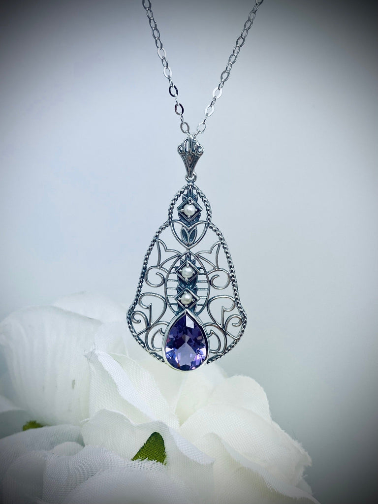 Natural Purple Amethyst Pendant, Belle Necklace, sterling silver filigree, teardrop gemstone, victorian jewelry, Silver Embrace Jewelry P22