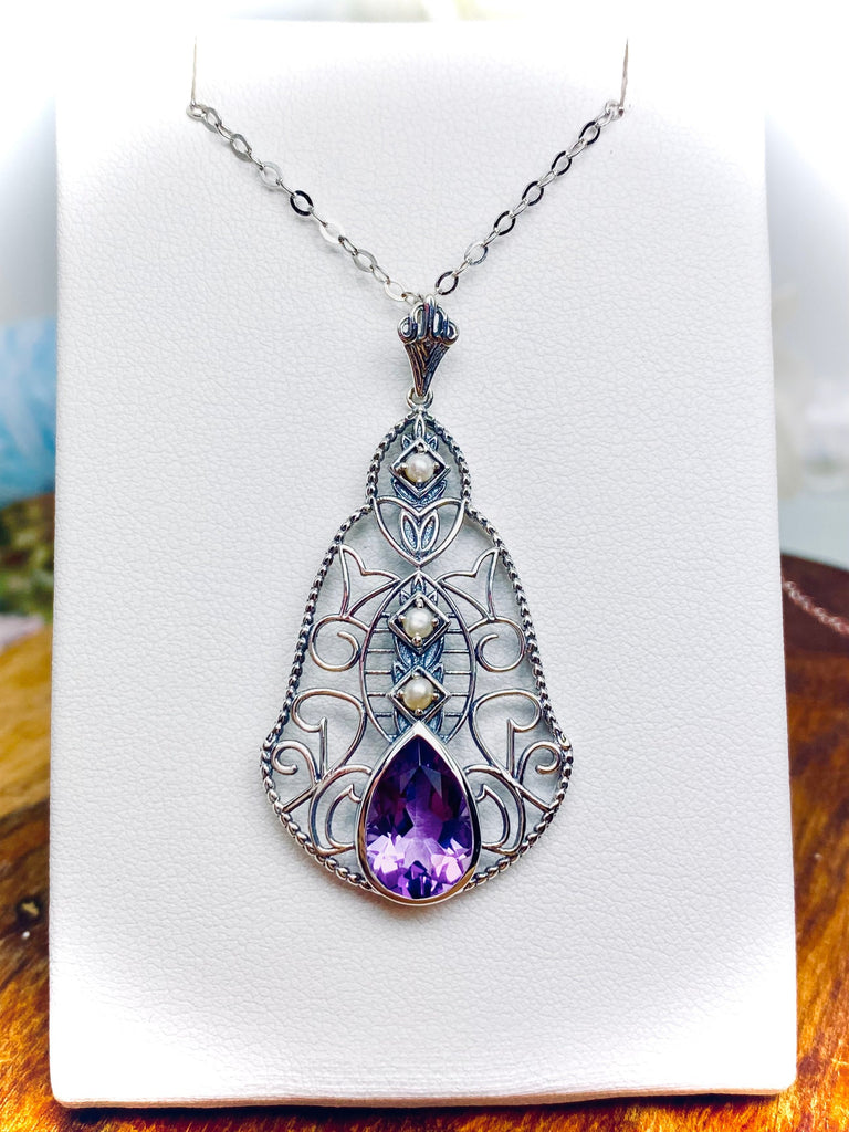 Natural Purple Amethyst Pendant, Belle Necklace, sterling silver filigree, teardrop gemstone, victorian jewelry, Silver Embrace Jewelry P22