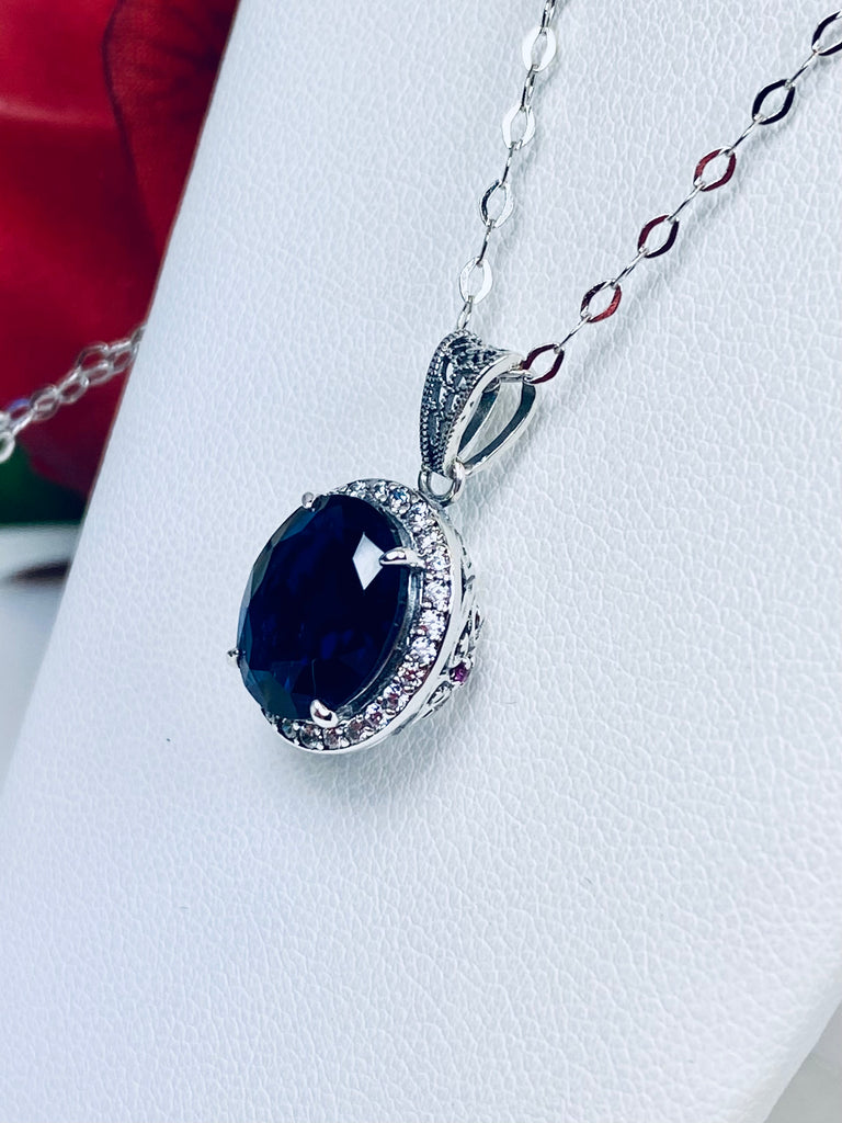 Blue Sapphire Pendant, Halo Pendant, Art deco Jewelry, Sterling Silver Filigree Jewelry, Silver Embrace Jewelry, P228, Halo Design