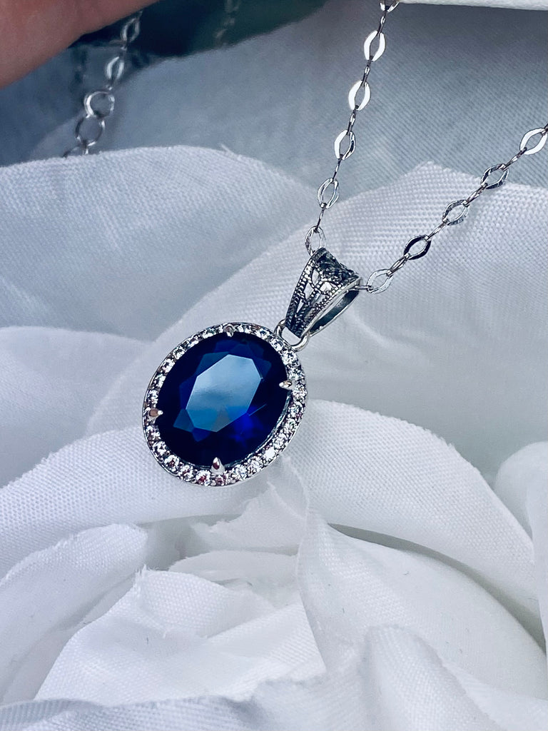 Blue Sapphire Pendant, Halo Pendant, Art deco Jewelry, Sterling Silver Filigree Jewelry, Silver Embrace Jewelry, P228, Halo Design